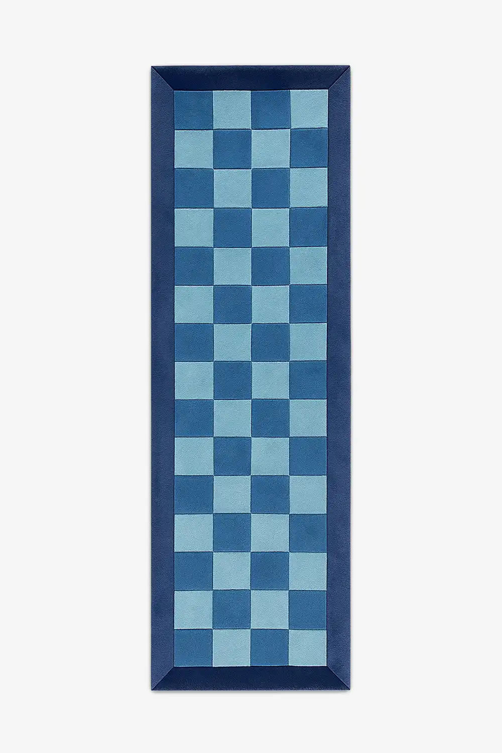 checkered runner rug with blue and aqua geometric pattern and navy border hand-tufted in wool