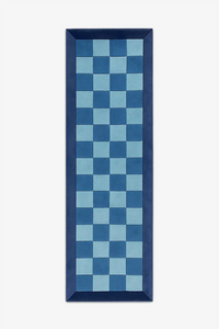 checkered runner rug with blue and aqua geometric pattern and navy border hand-tufted in wool