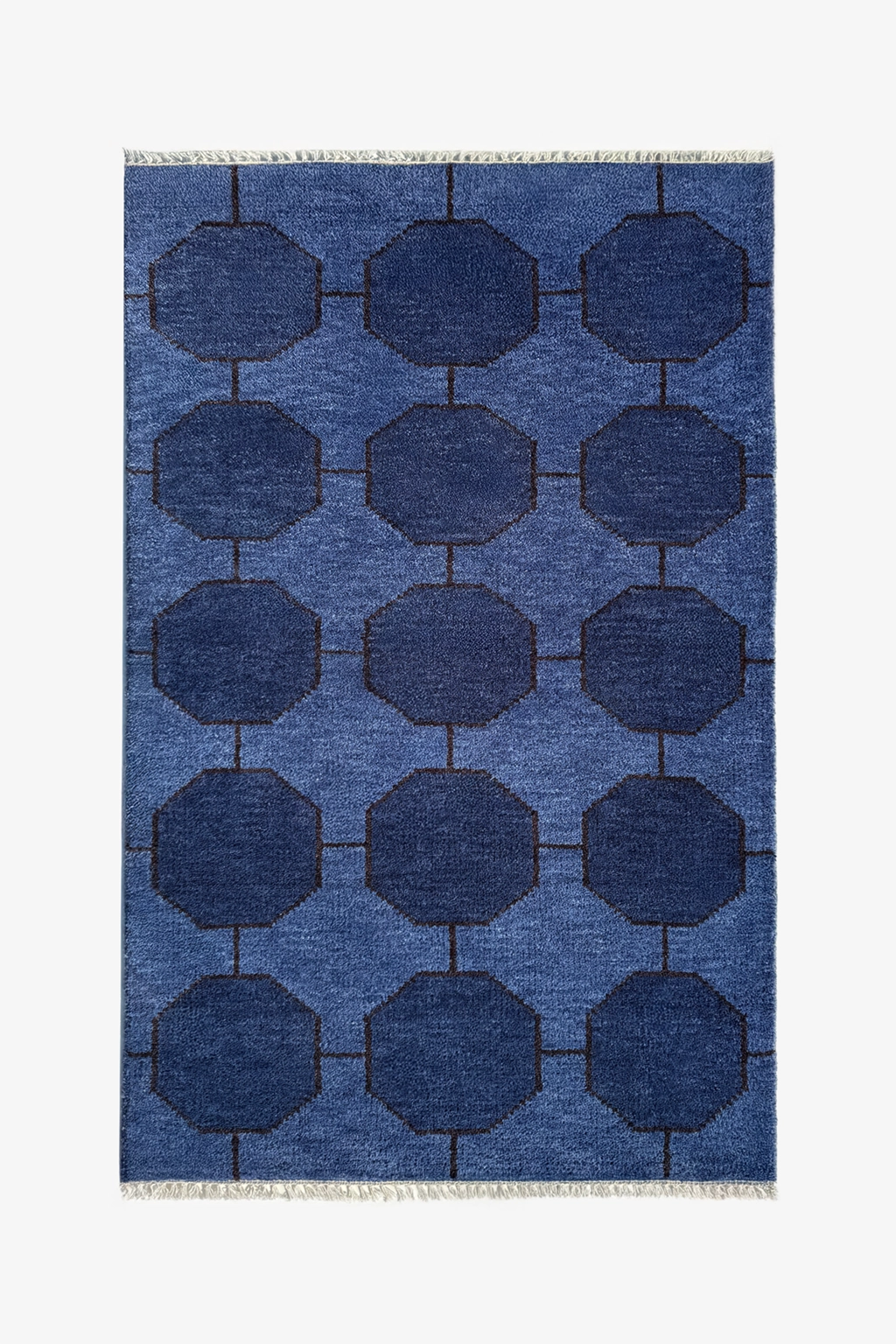 navy blue geometric patterned rug on a white background | 3x5