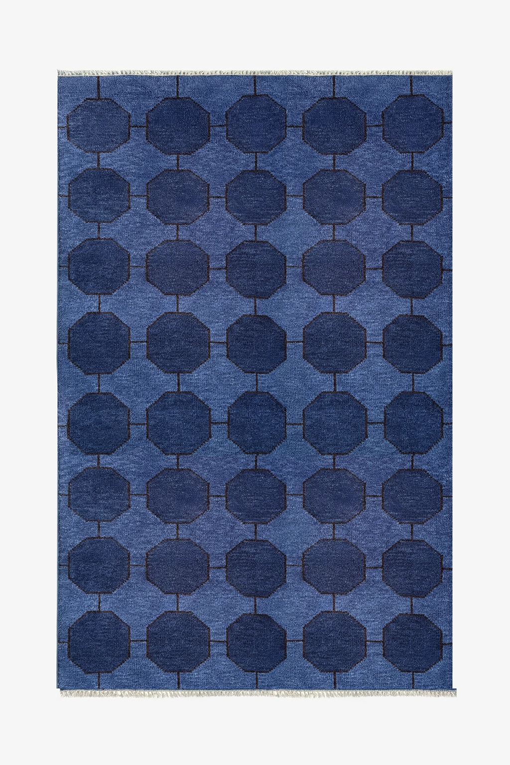 Blue geometric patterned rug in hand-knotted wool on a white background | 5x8