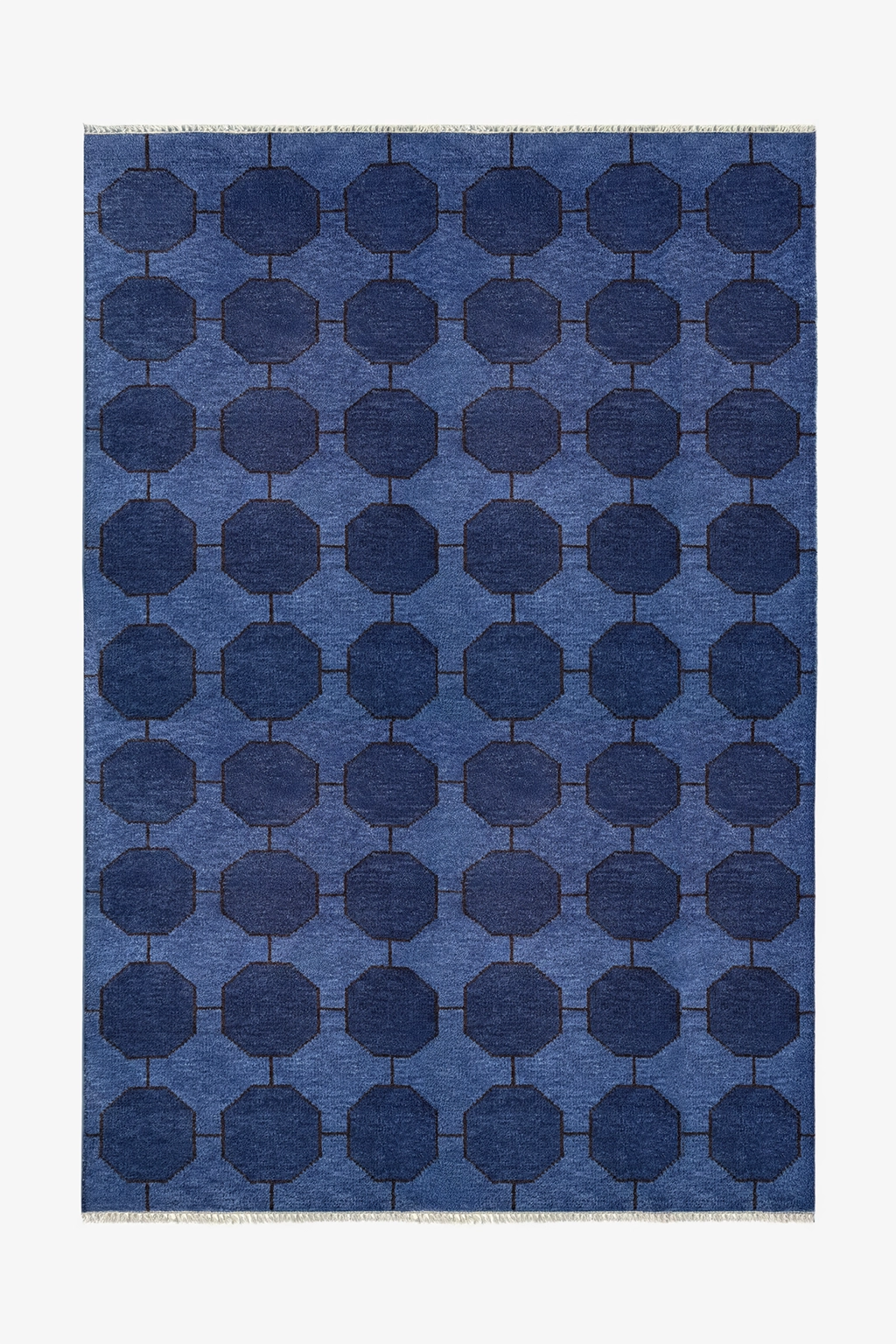 Blue geometric patterned rug on a white background hand-knotted wool | 6x9