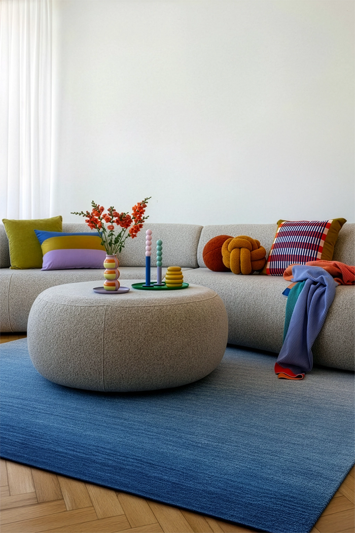 Living room with a blue ombre wool rug, sofa, ottoman, and colorful decor lifestyle