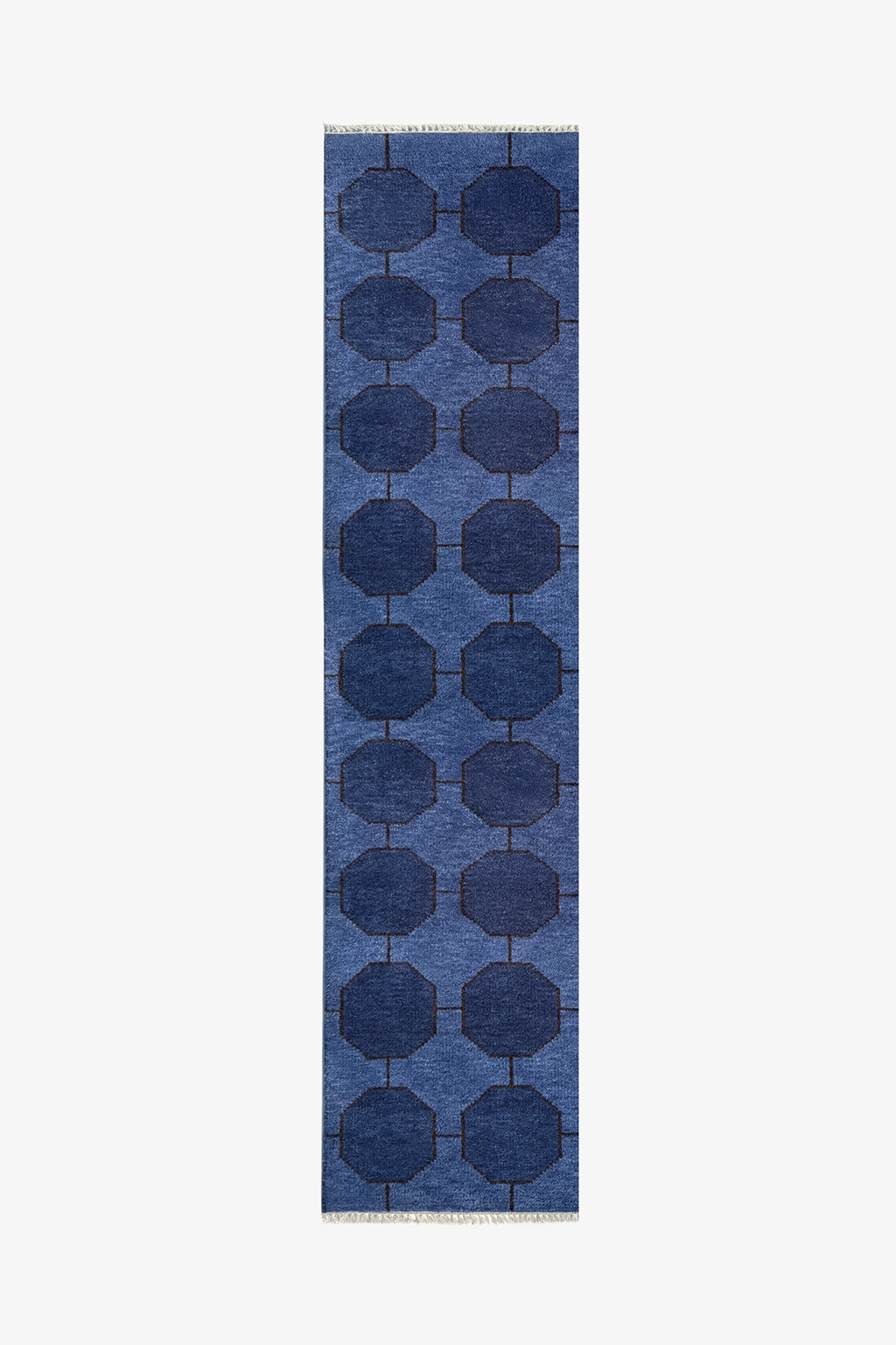 navy blue wool runner rug with a geometric pattern on a white background | 2x9