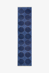 navy blue wool runner rug with a geometric pattern on a white background | 2x9
