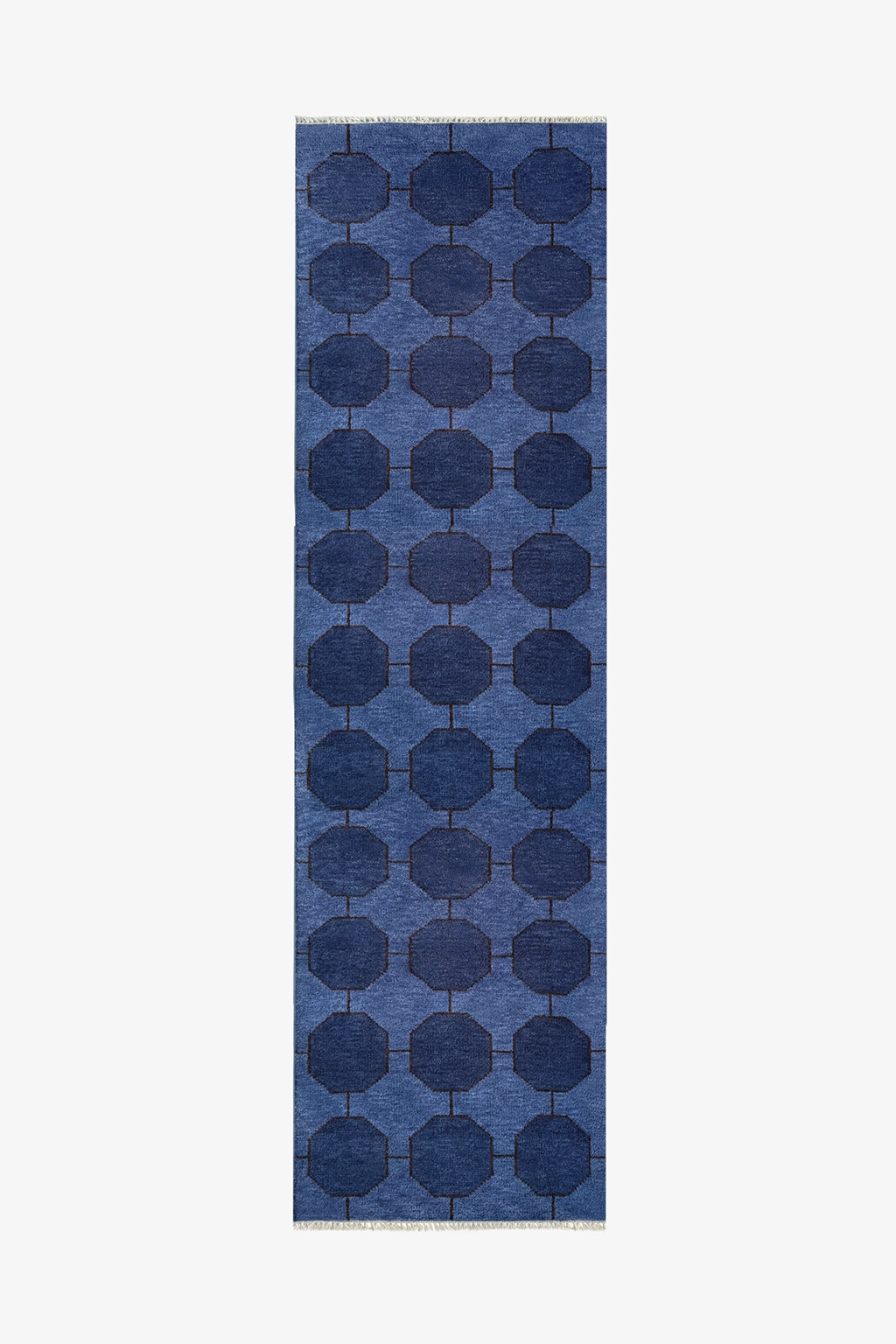 Blue runner rug patterned with modern geometric design on a white background | 3x11