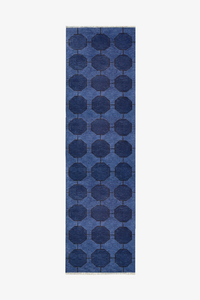 Blue runner rug patterned with modern geometric design on a white background | 3x11