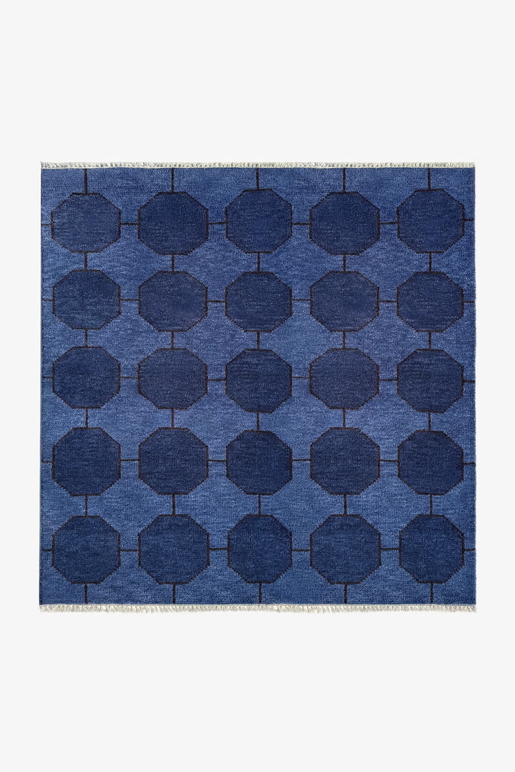 Blue square rug with a geometric patterned rug on a white background | 5x5