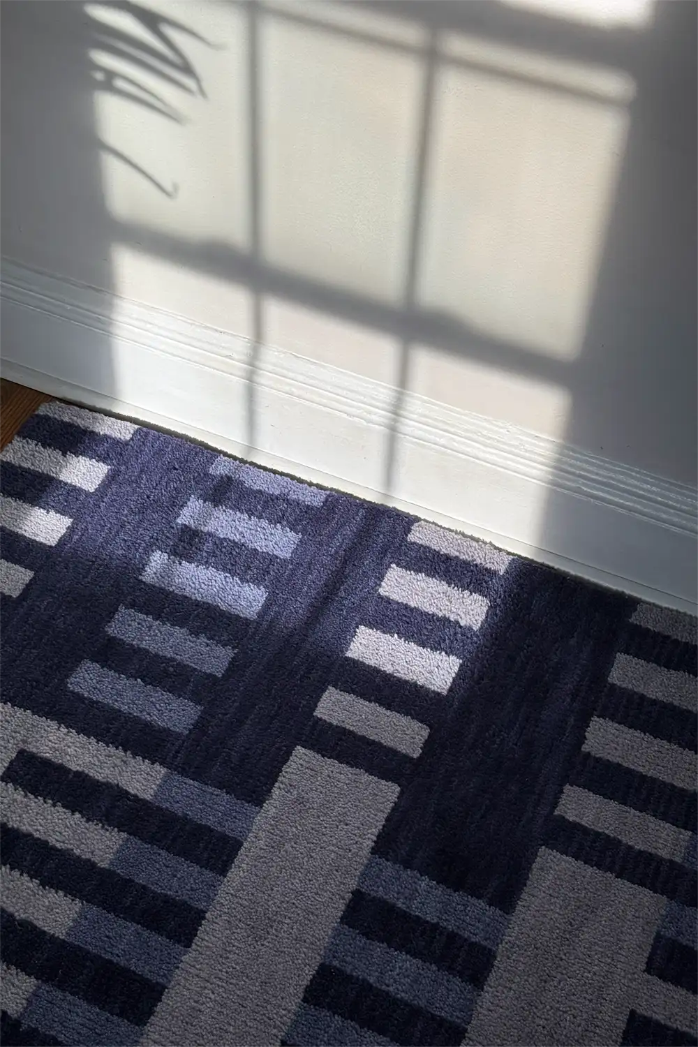 Patterned rug with geometric design on a wood floor in a sunny living room