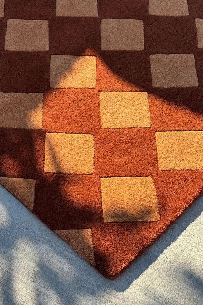 brown and gold geometric patterned wool rug with shadows