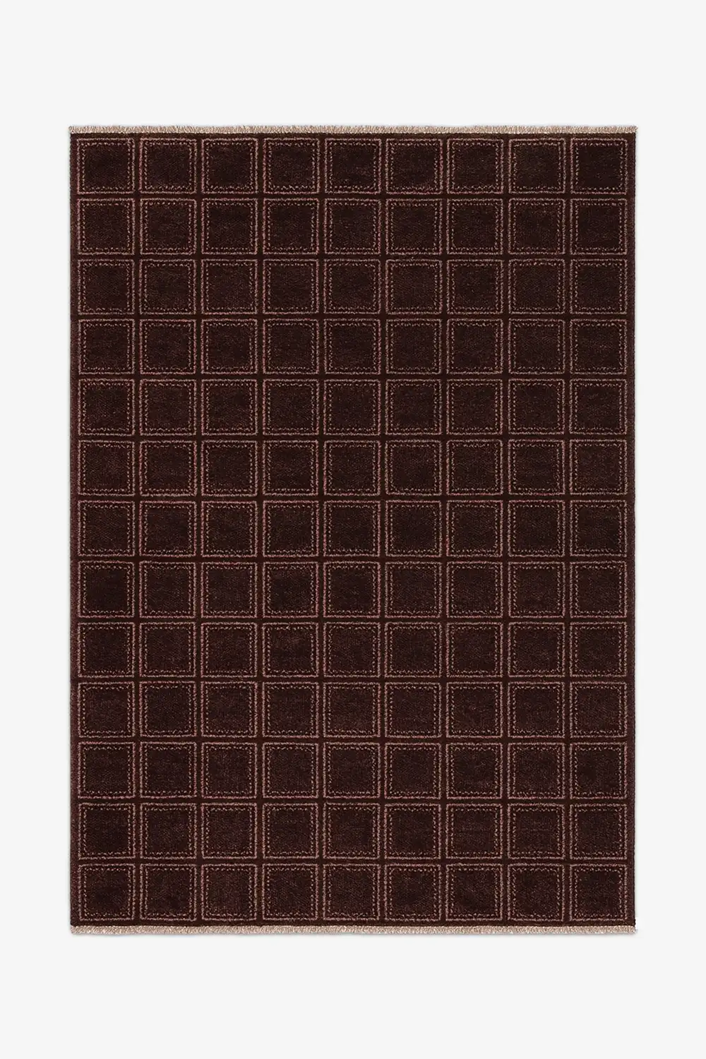 large 9x13 modern brown grid pattern rug hand knotted from wool on a white background
