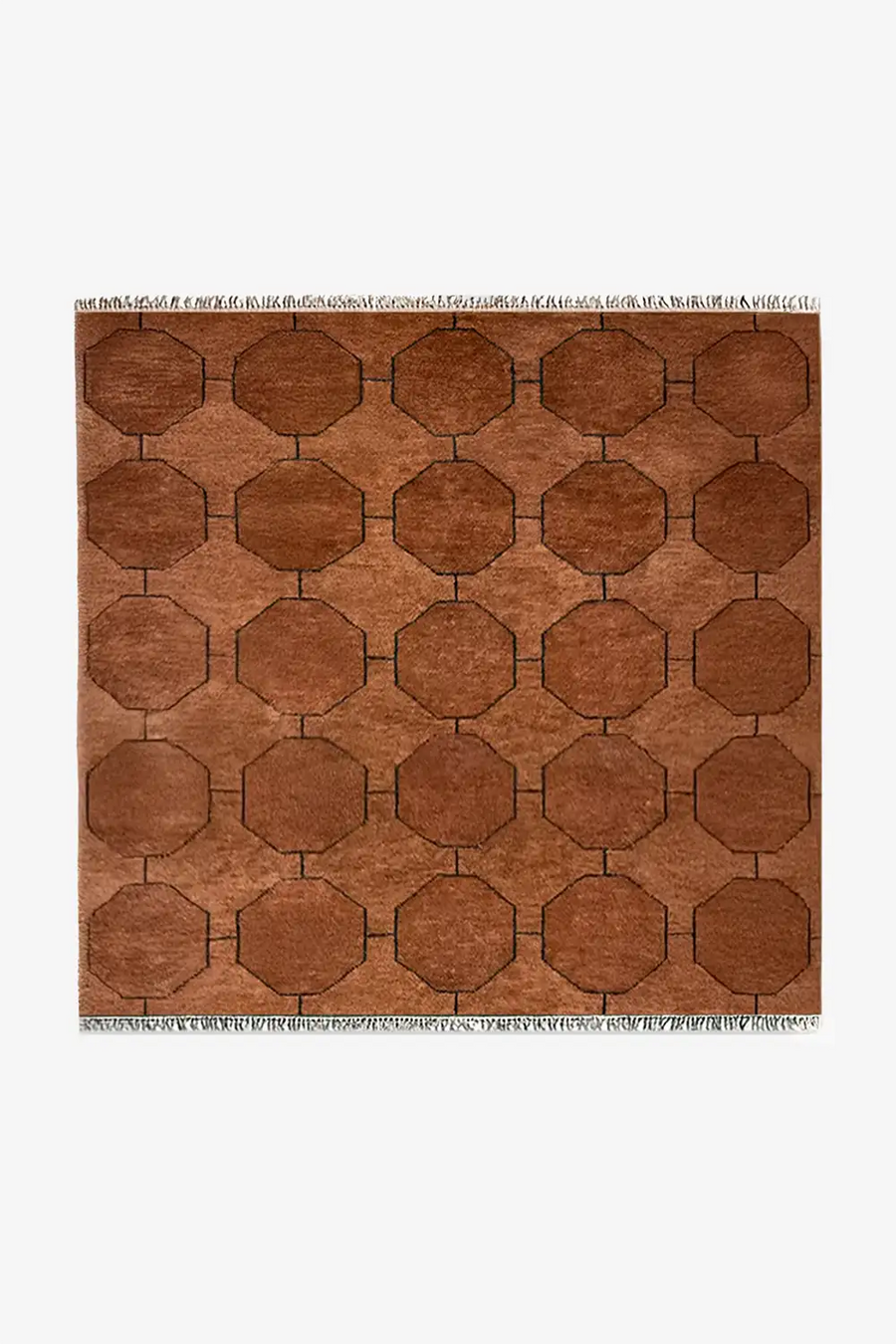 brown square wool rug with geometric pattern of repeating octagons hand-knotted 5x5