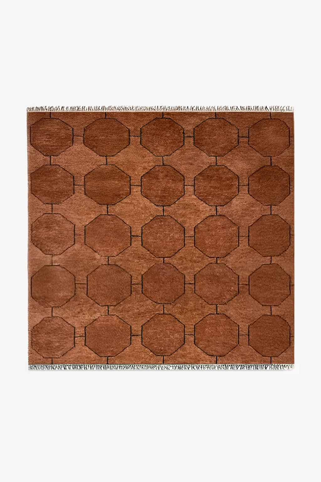 Brown square rug with a mid-century geometric pattern on a white background