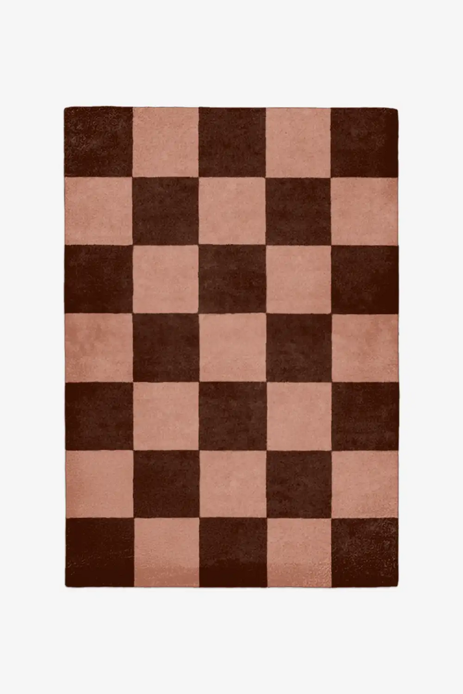 Brown and tan wool rug with checkered pattern and modern edge
