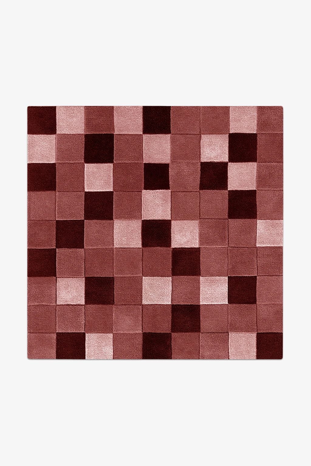 square checkered rug with burgundy and pink squares on a white background