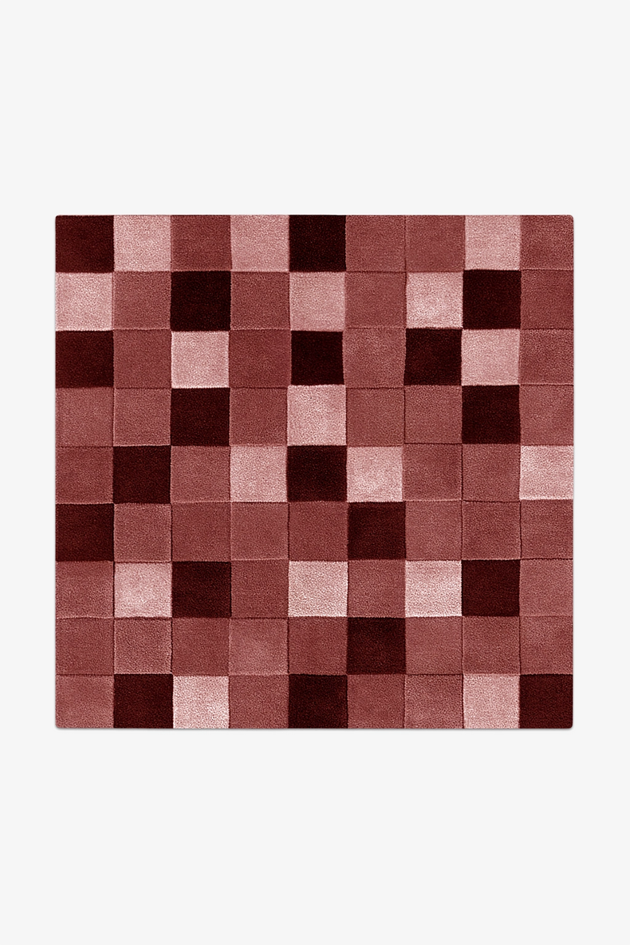 square checkered rug with burgundy and pink squares on a white background