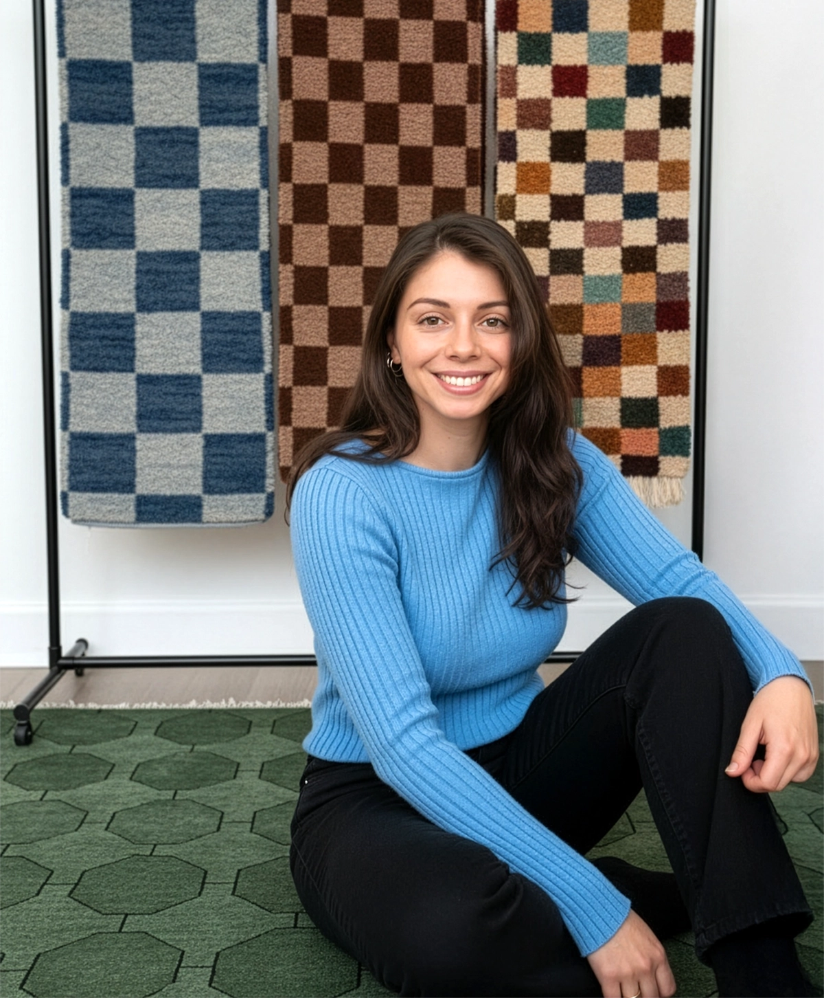 jubi founder cassie dagostino sitting on a green carpet with patterned rugs in the background