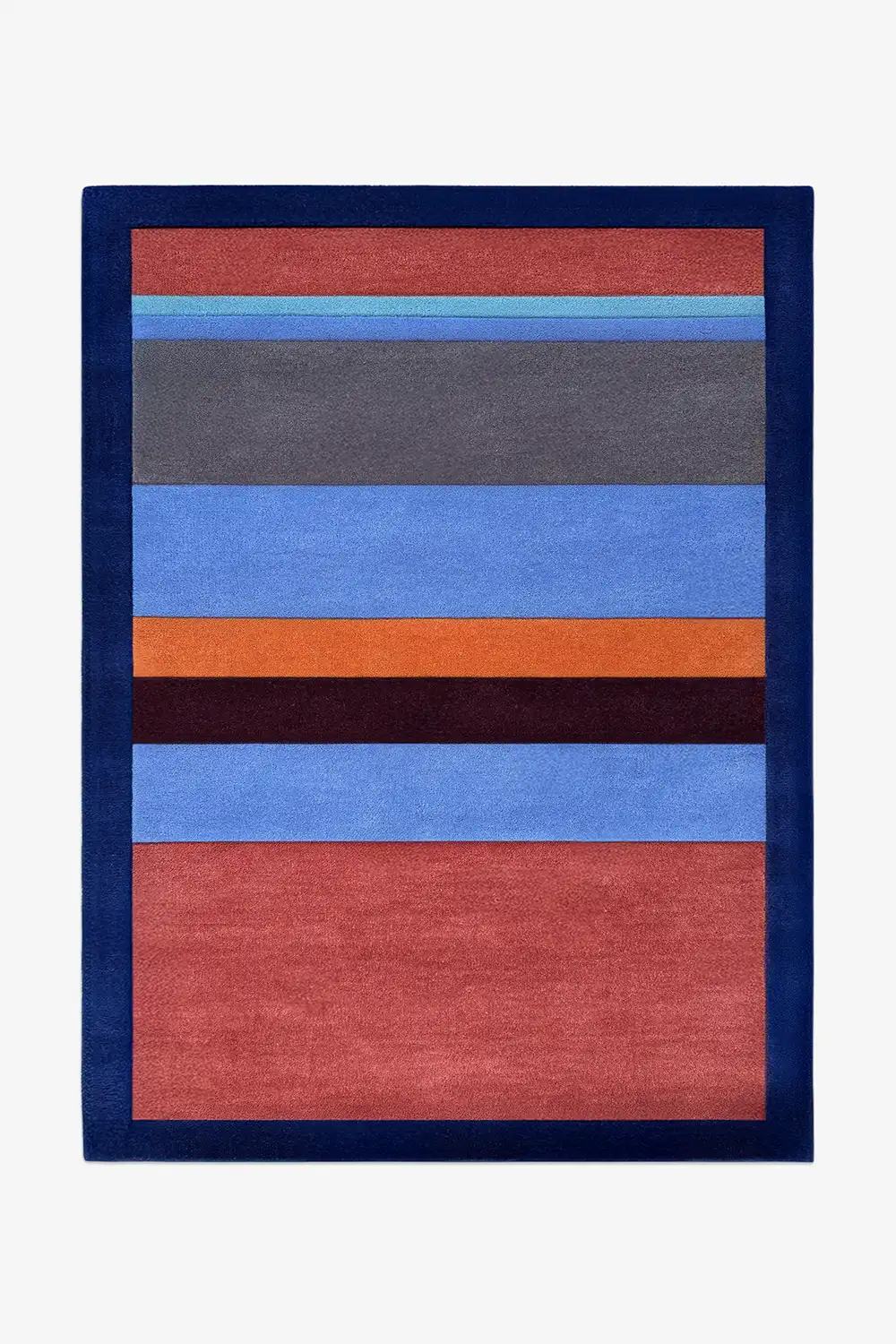 8x10 wool rug with horizontal stripes in blue, red, orange, and gray on a white background lifestyle