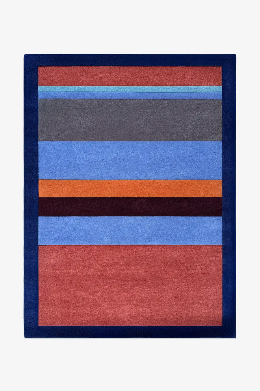 8x10 wool rug with horizontal stripes in blue, red, orange, and gray on a white background lifestyle