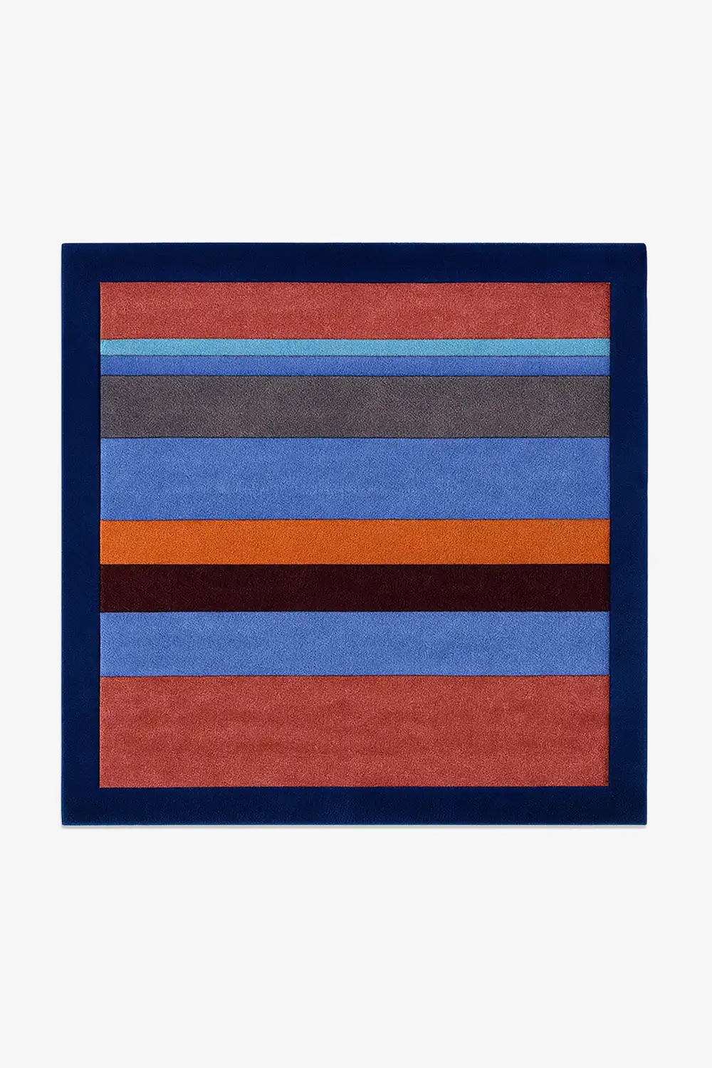 square wool rug with horizontal stripes in red, blue, orange, and gray with a navy border on a white background