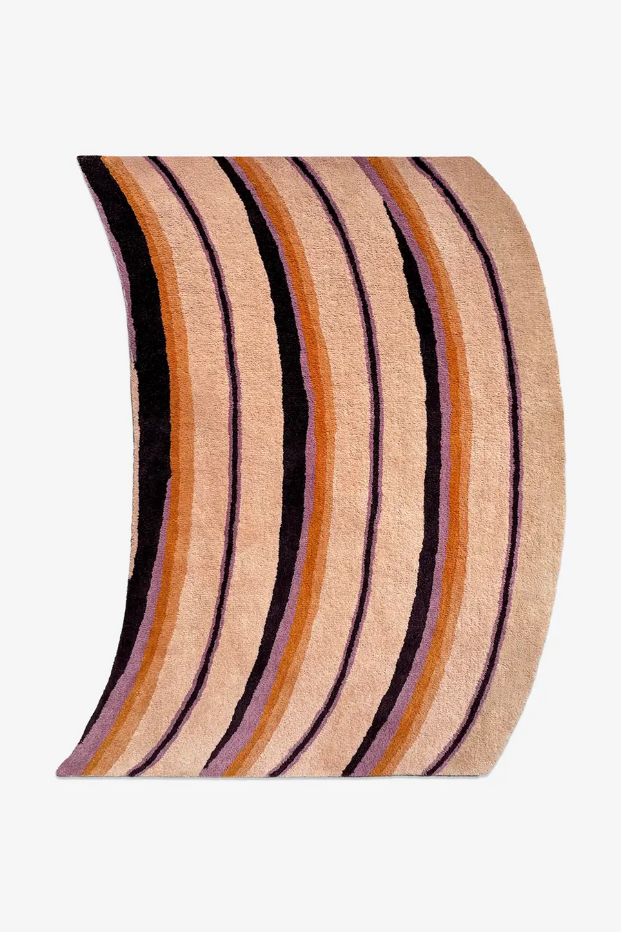 Striped modern rug with with black, orange, purple and beige colors with an arched irregular silhouette hand tufted in wool