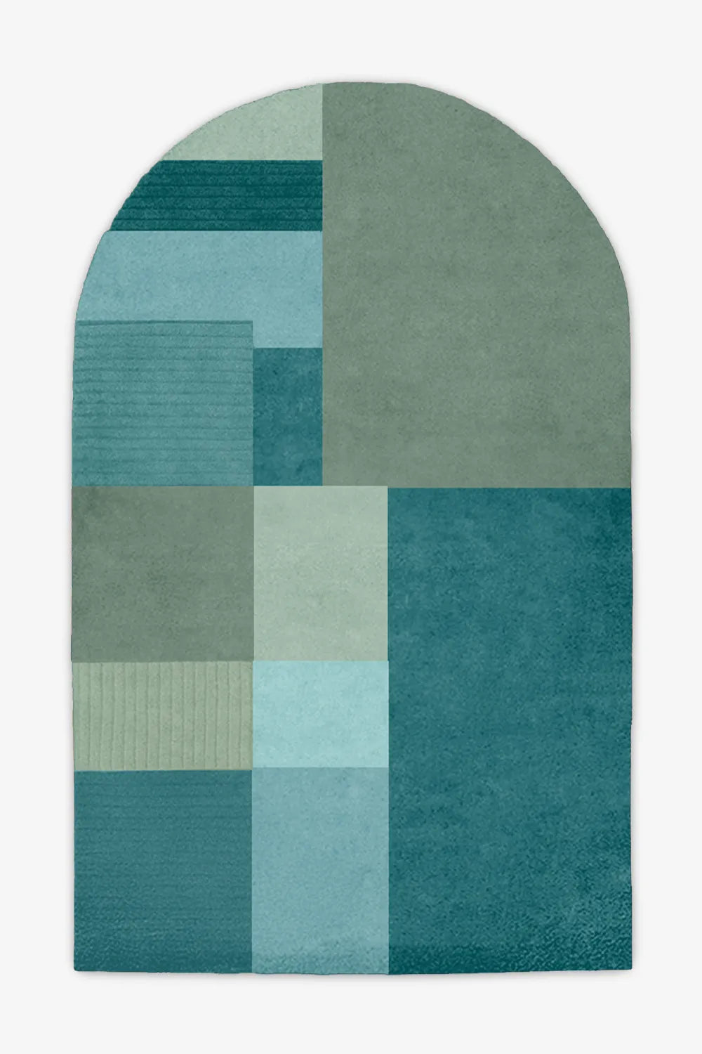 custom green wool tufted rug with arch and mid century inspired color blocking