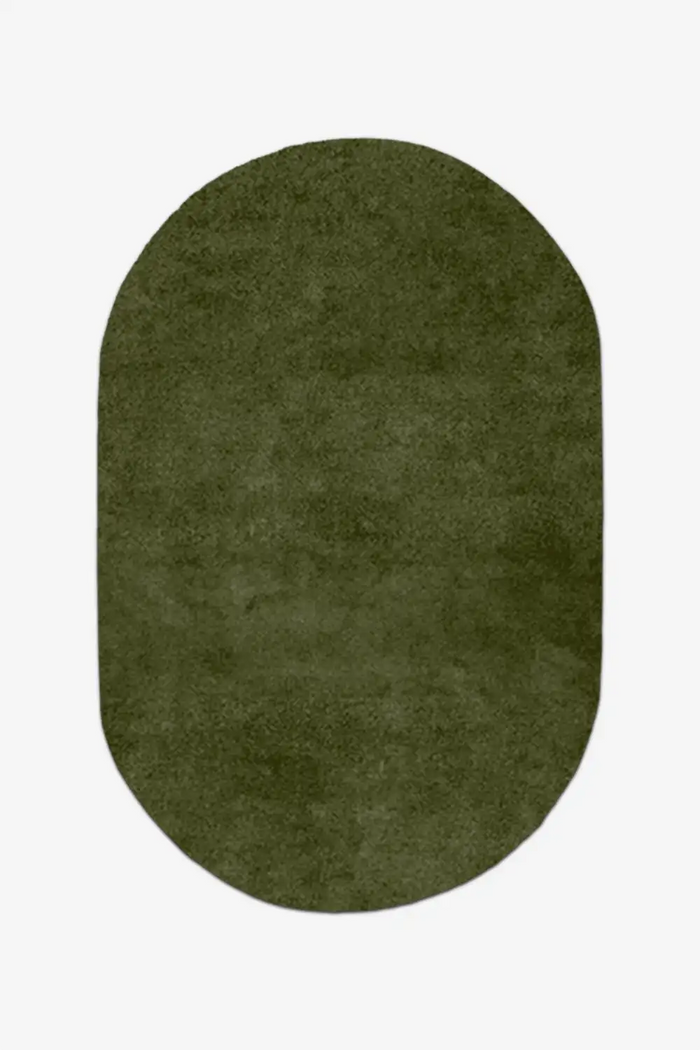 dark olive green oval wool rug on a white background 5x8