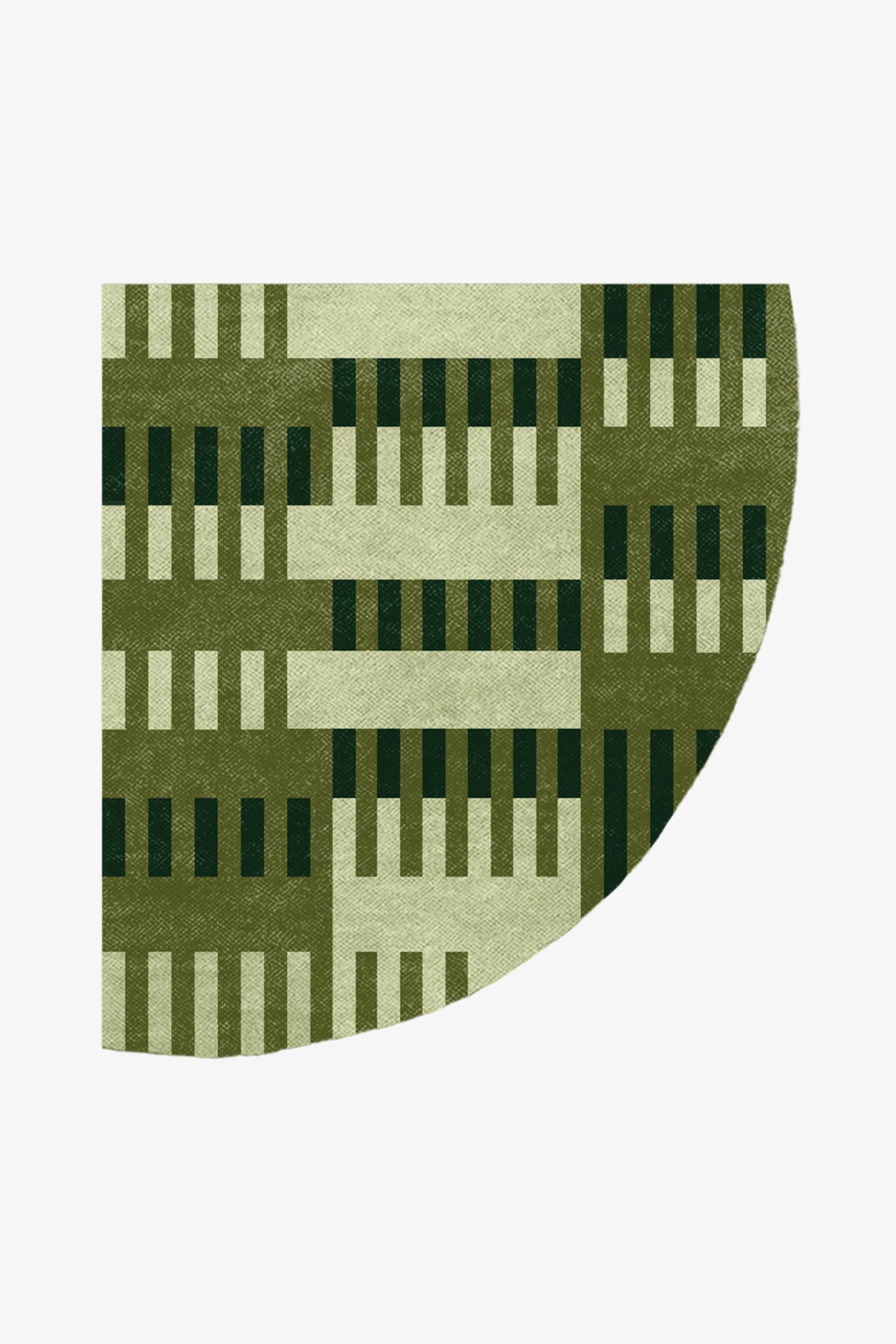 customizable geometric patterned rug with green and beige colors on a white background