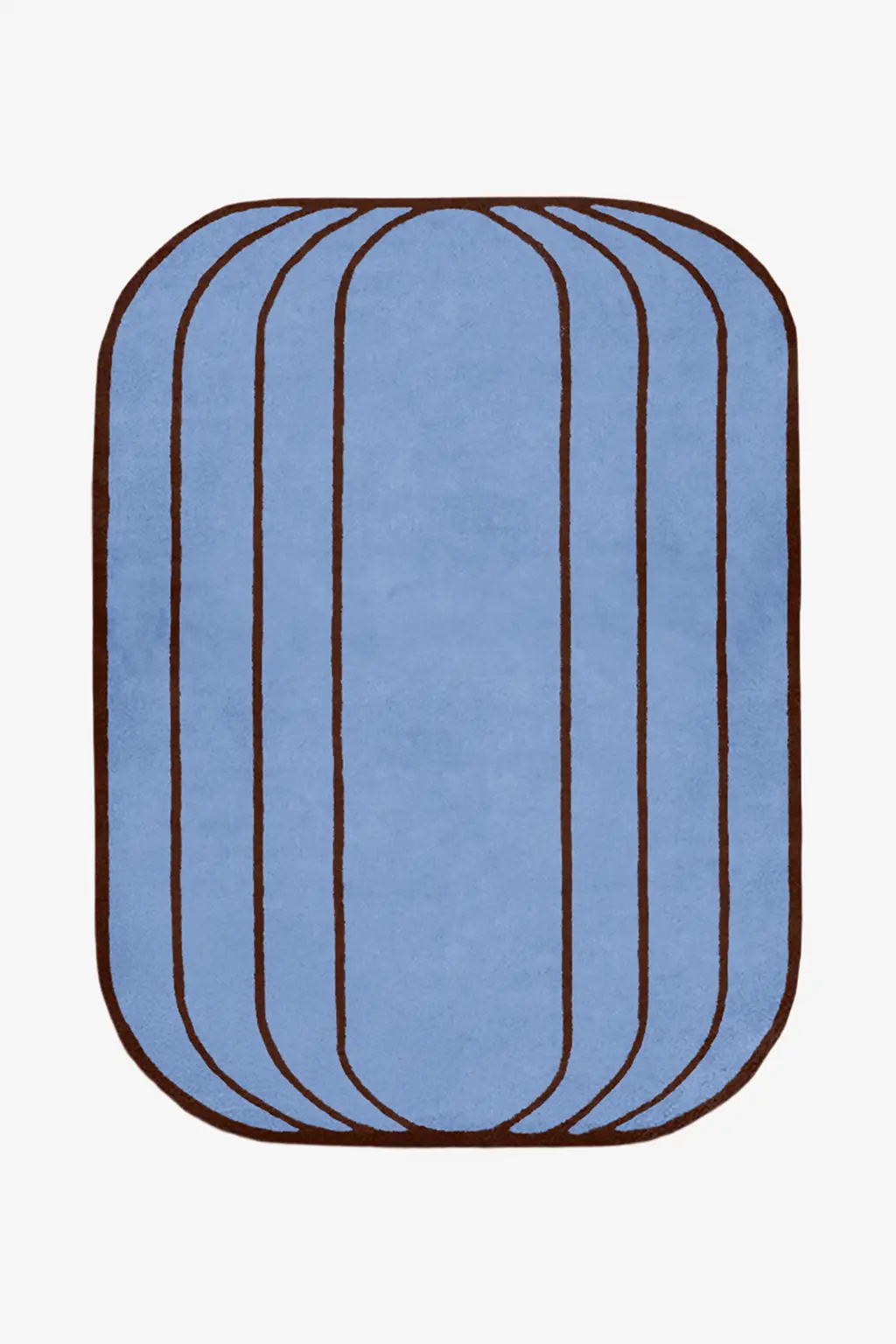 custom blue wool rug with brown rim on a white background