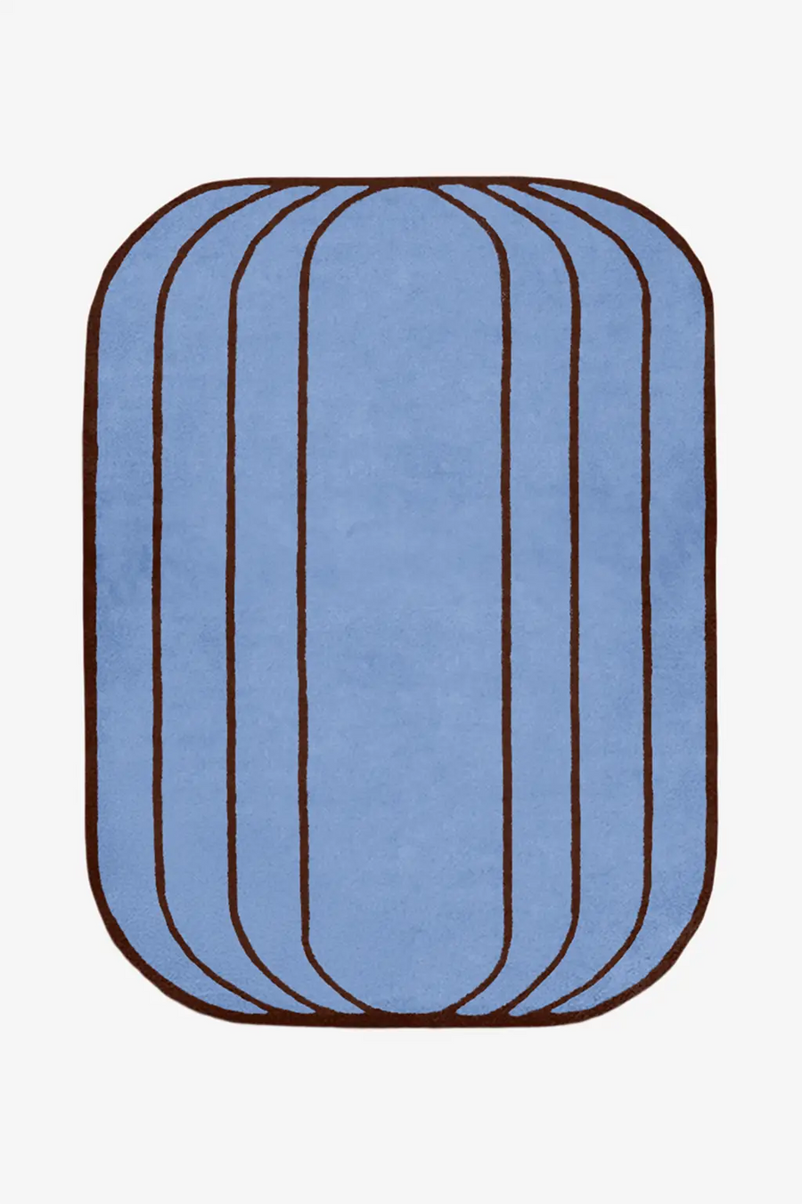 custom blue wool rug with brown rim on a white background