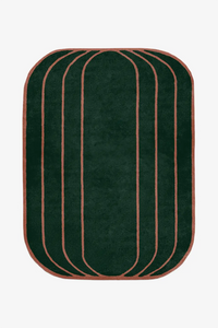 Green rug with brown stripes on a white background
