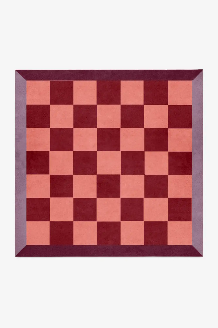 pink red and purple checkered square wool rug custom made