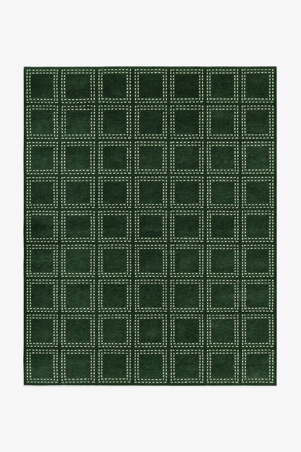 Green checkered pattern rug in hand knotted wool on a white background