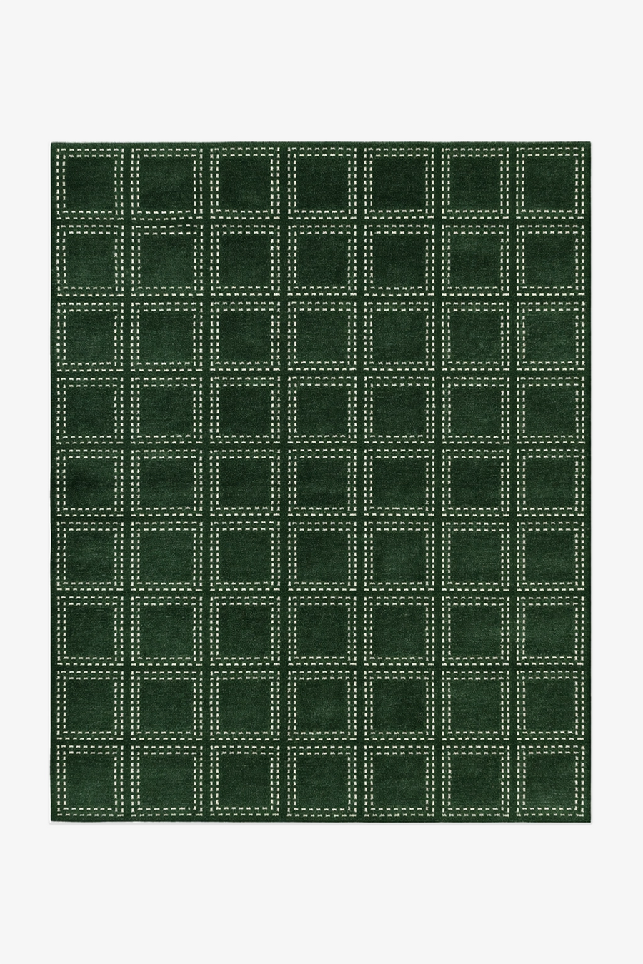 Green checkered pattern rug in hand knotted wool on a white background