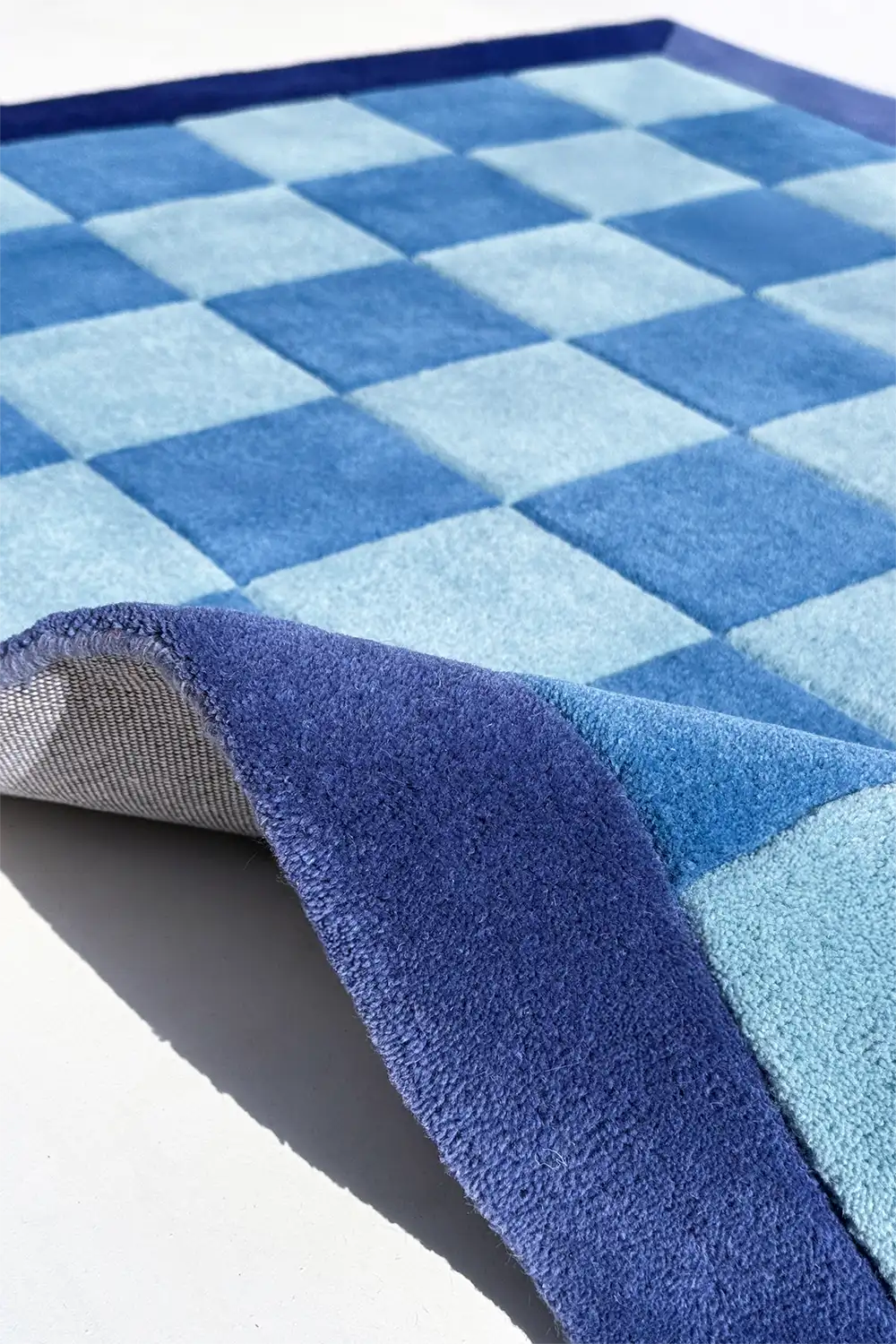 Blue checkered rug with a textured border on a white background