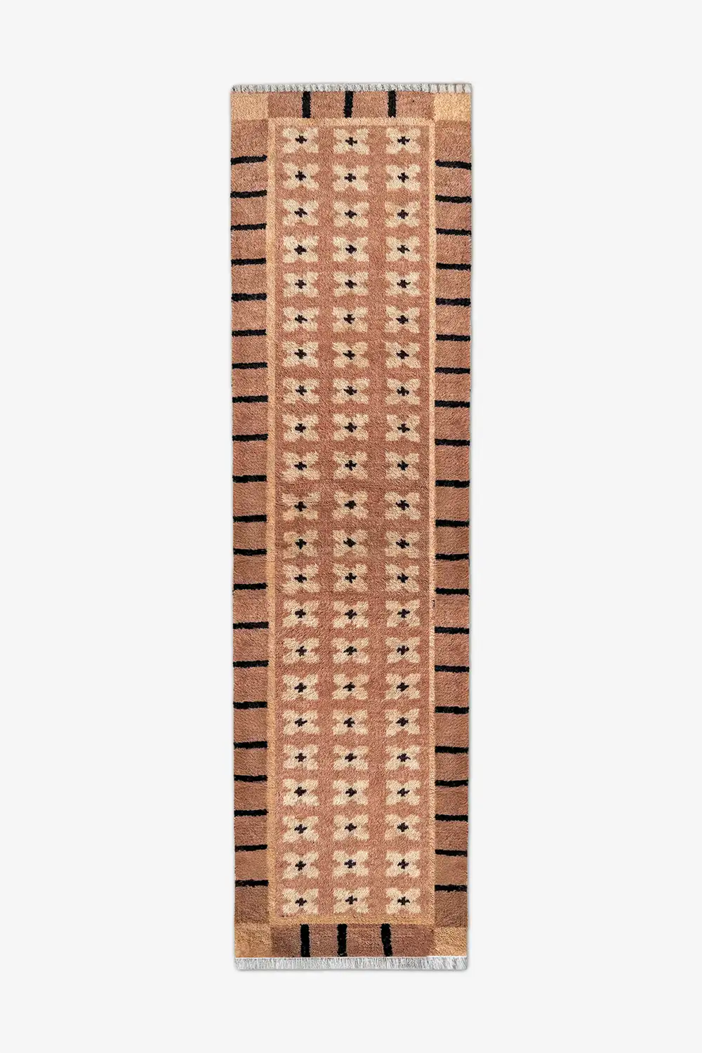 Mid-century modern runner rug with geometric border, hand knotted in warm brown and taupe wool, ideal for hallways or kitchens