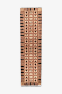 Mid-century modern runner rug with geometric border, hand knotted in warm brown and taupe wool, ideal for hallways or kitchens