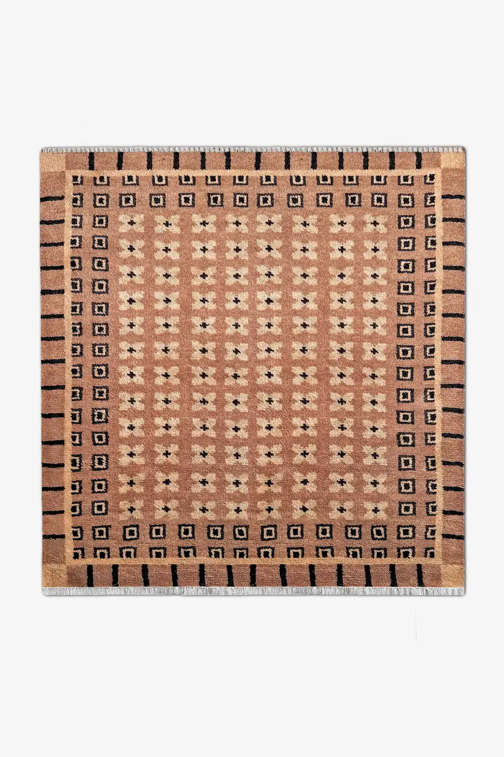 Square mid-century modern wool rug with geometric border, handmade in warm taupe and black for living rooms or dining spaces