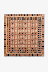 Square mid-century modern wool rug with geometric border, handmade in warm taupe and black for living rooms or dining spaces