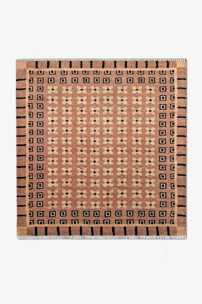 Square mid-century modern wool rug with geometric border, handmade in warm taupe and black for living rooms or dining spaces