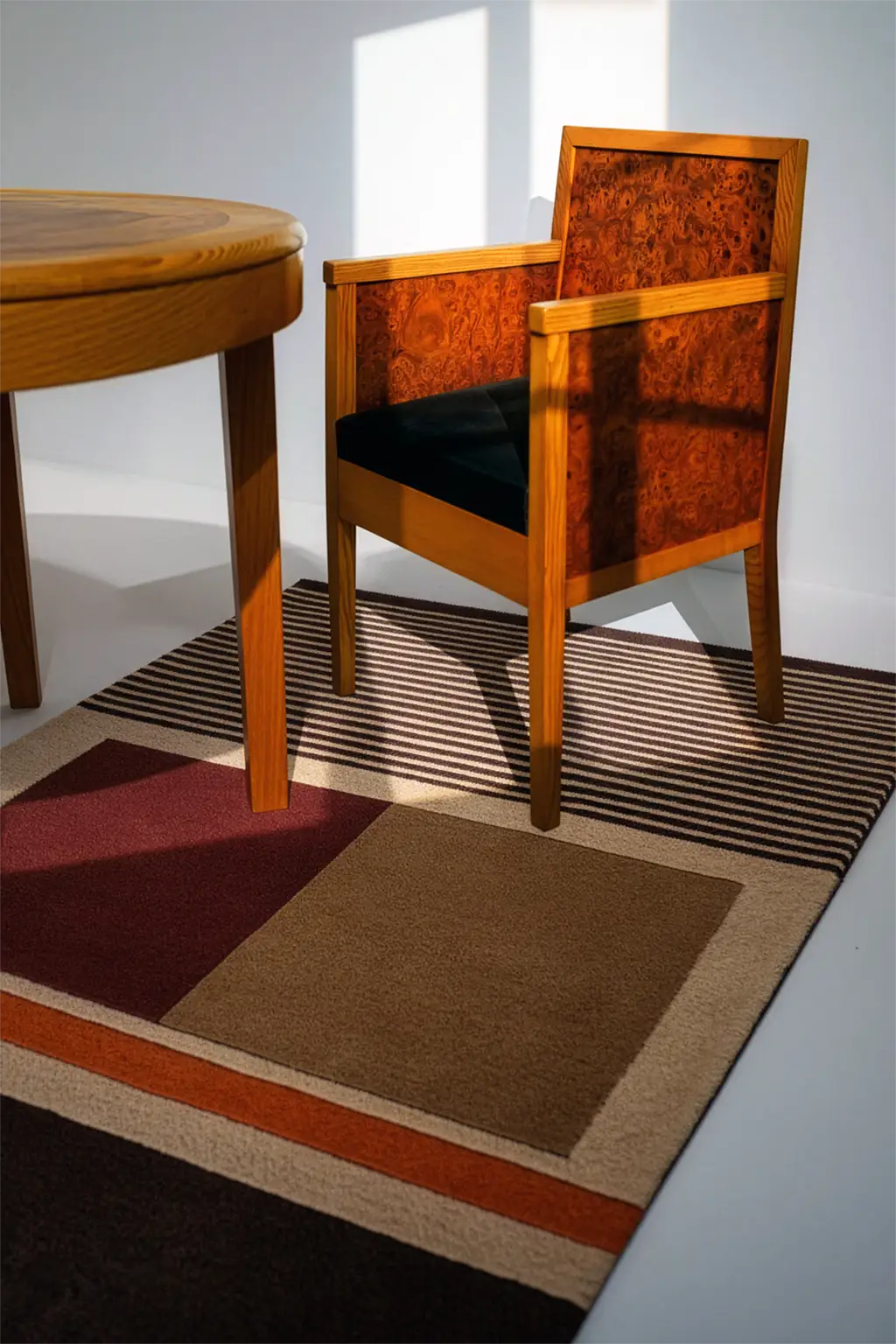 Wooden chair with black cushion on a earth toned patterned rug in a room with a round wooden table lifestyle