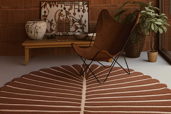 Brown butterfly chair on a patterned rug with a wooden bench and decorative items in the background.