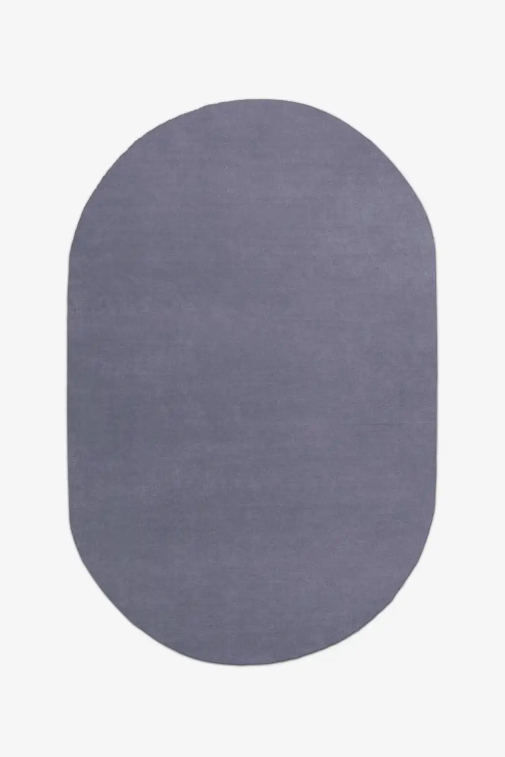 modern oval-shaped dusty blue gray rug on a white background