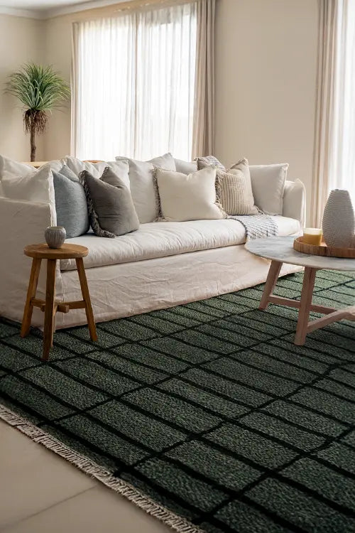 Living room with a gray sofa, decorative pillows, and a green checkered rug.