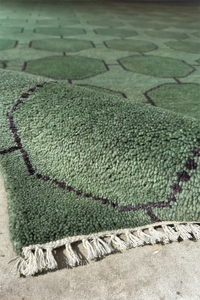 Green geometric patterned rug with tassels on a concrete floor texture
