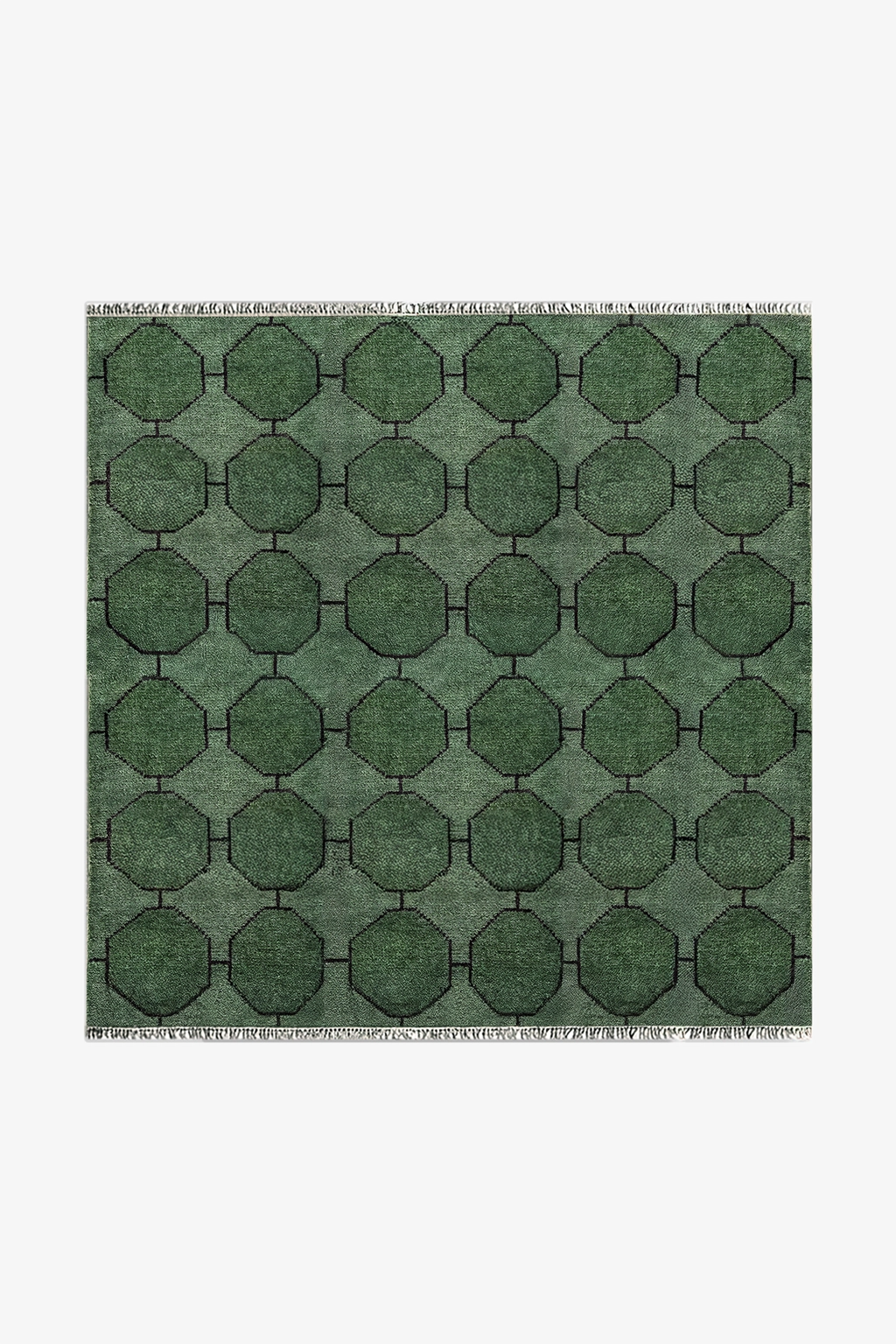 Green geometric patterned square rug on a white background