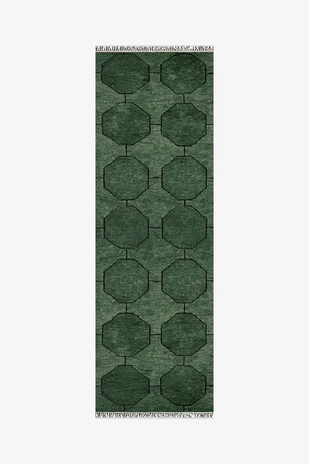 Green geometric runner rug with fringeon a white background