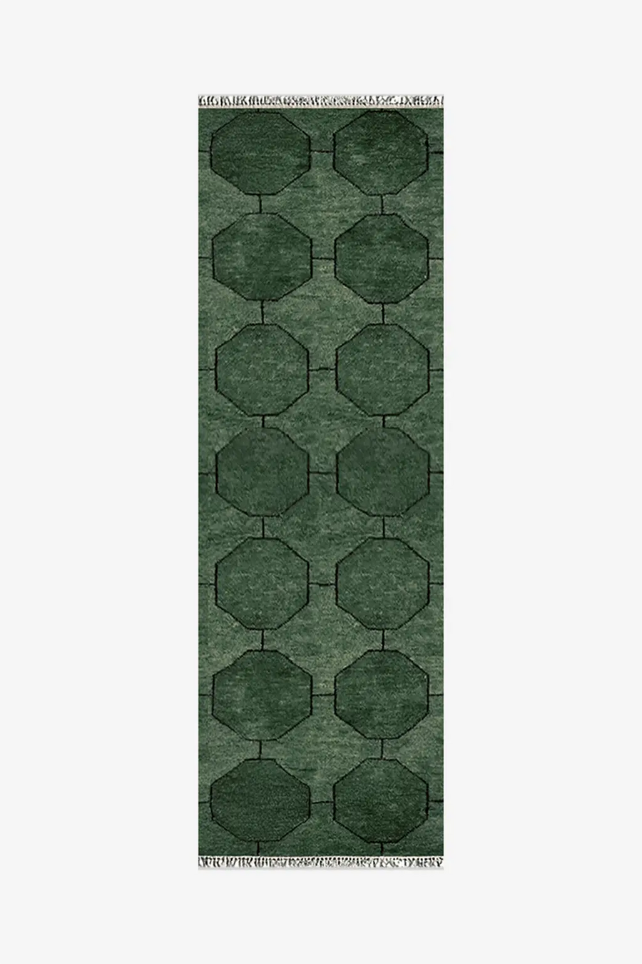 Green geometric runner rug with fringeon a white background