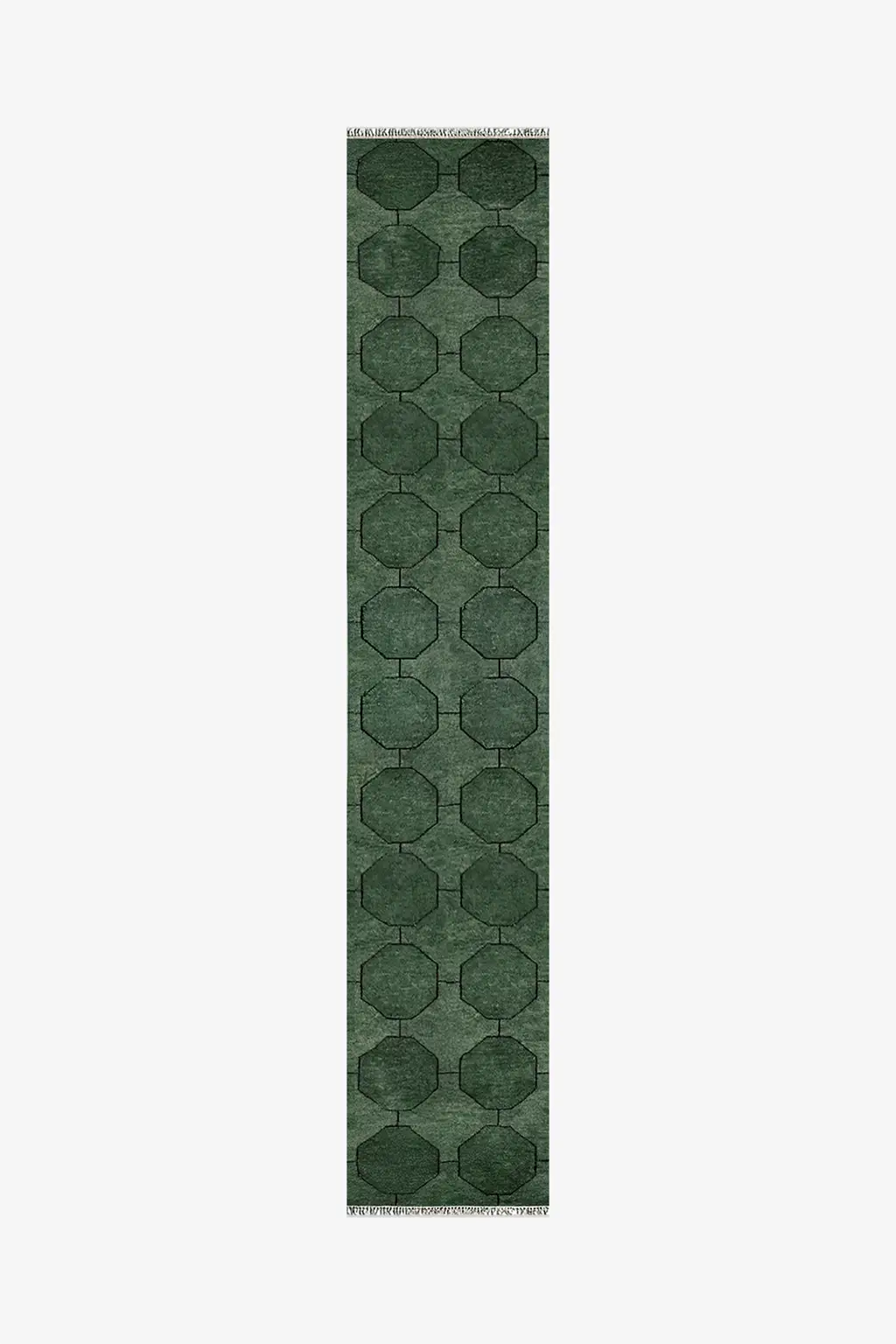 long green runner rug with geometric pattern on a white background | 2x12