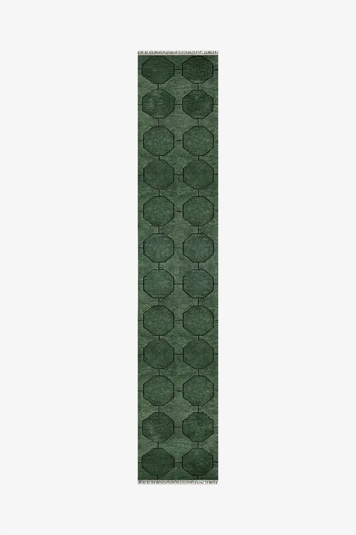 long green runner rug with geometric pattern on a white background | 2x12