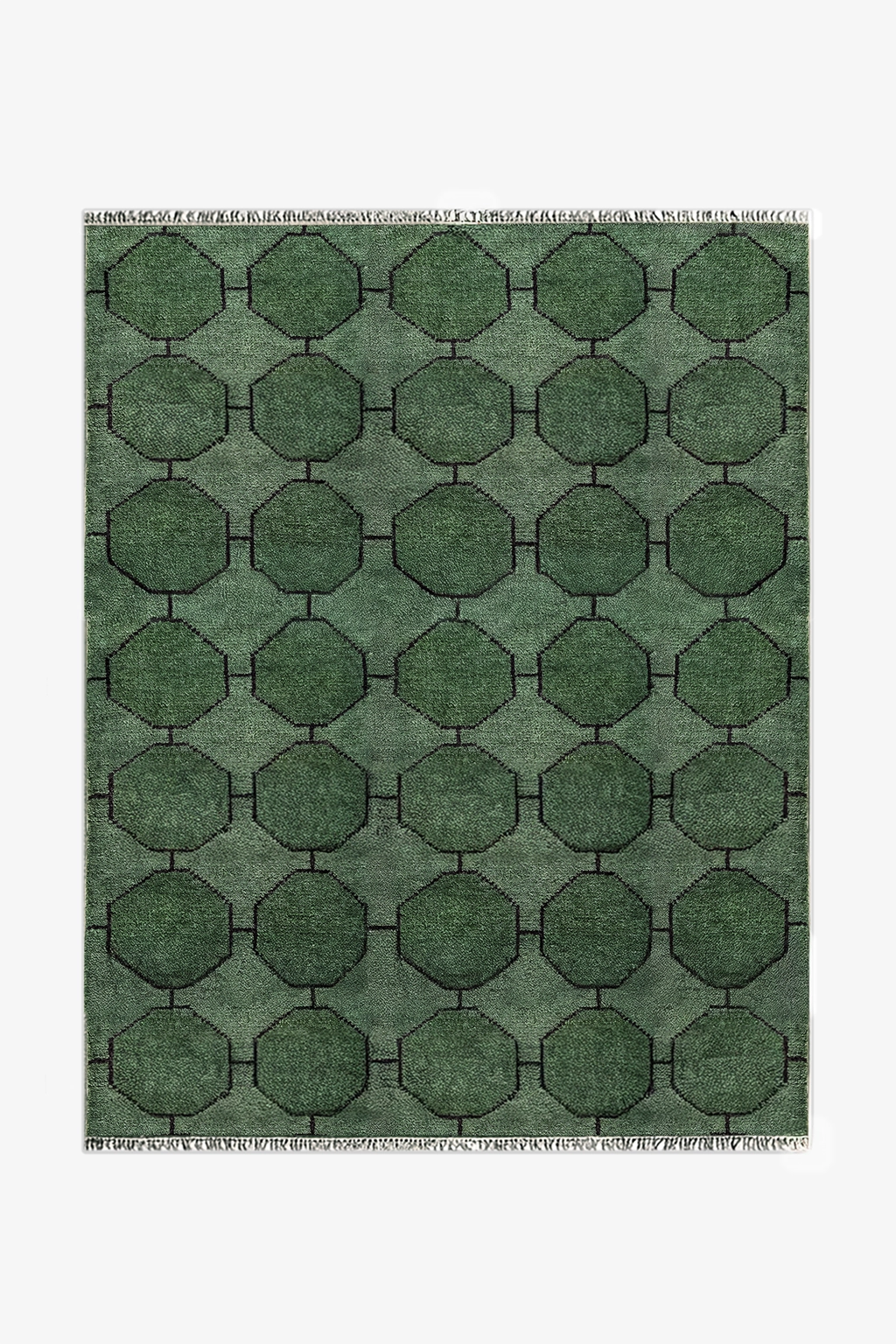 Green geometric patterned rug on a white background